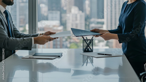 Business Meeting in a Modern Office with Two Professionals Exchanging Important Documents