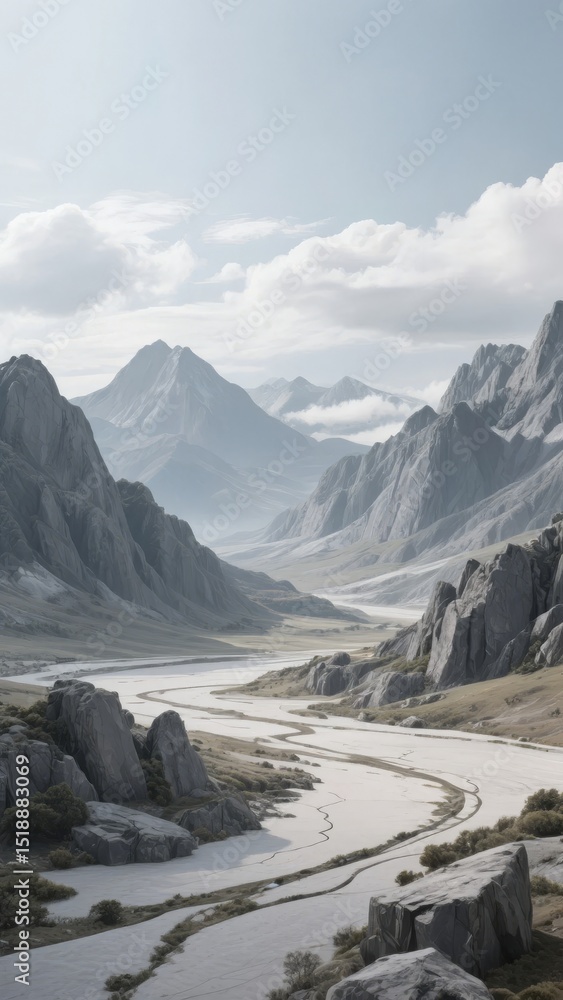 Obraz premium Mountain Valley with Winding River and Rocky Terrain