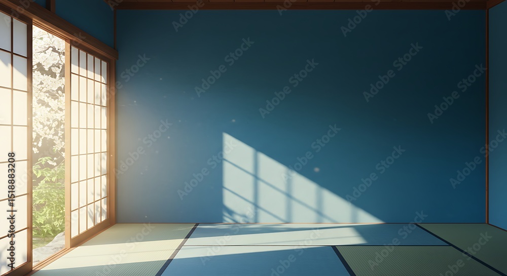 Obraz premium blue color wall room and japan door Looking from the window light shining through outside
