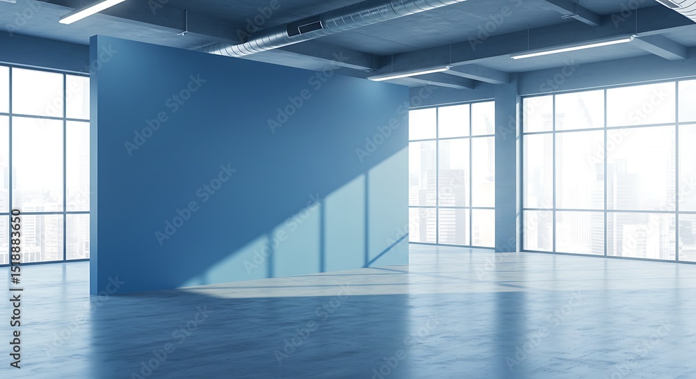 Fototapeta premium Blue empty office room interior with concrete floor, mock up copy space wall partition. Coworking or workspace in modern loft with panoramic window on skyscrapers