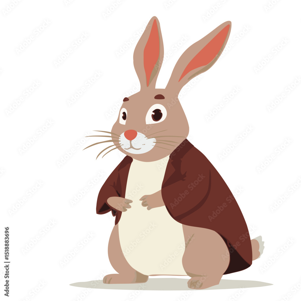 Fototapeta premium A rabbit in a brown coat stay on white background fairy tale children's books illustration style 
