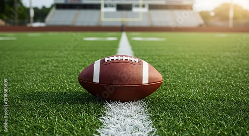 American Football sitting on a grass football field on the yard line