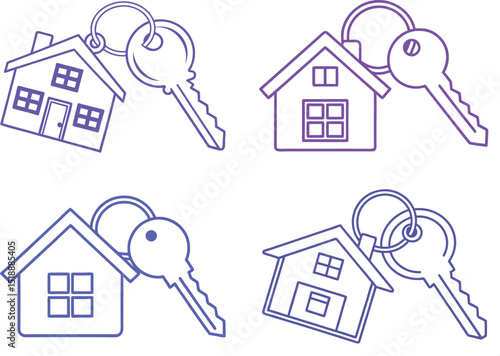 Four house and key outline illustrations in a grid pattern on a white background in purple color
