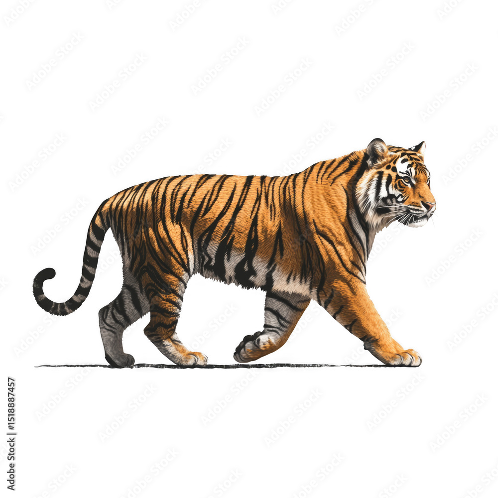 Obraz premium A majestic tiger walking gracefully with detailed orange and black stripes. Png, Transparent background.