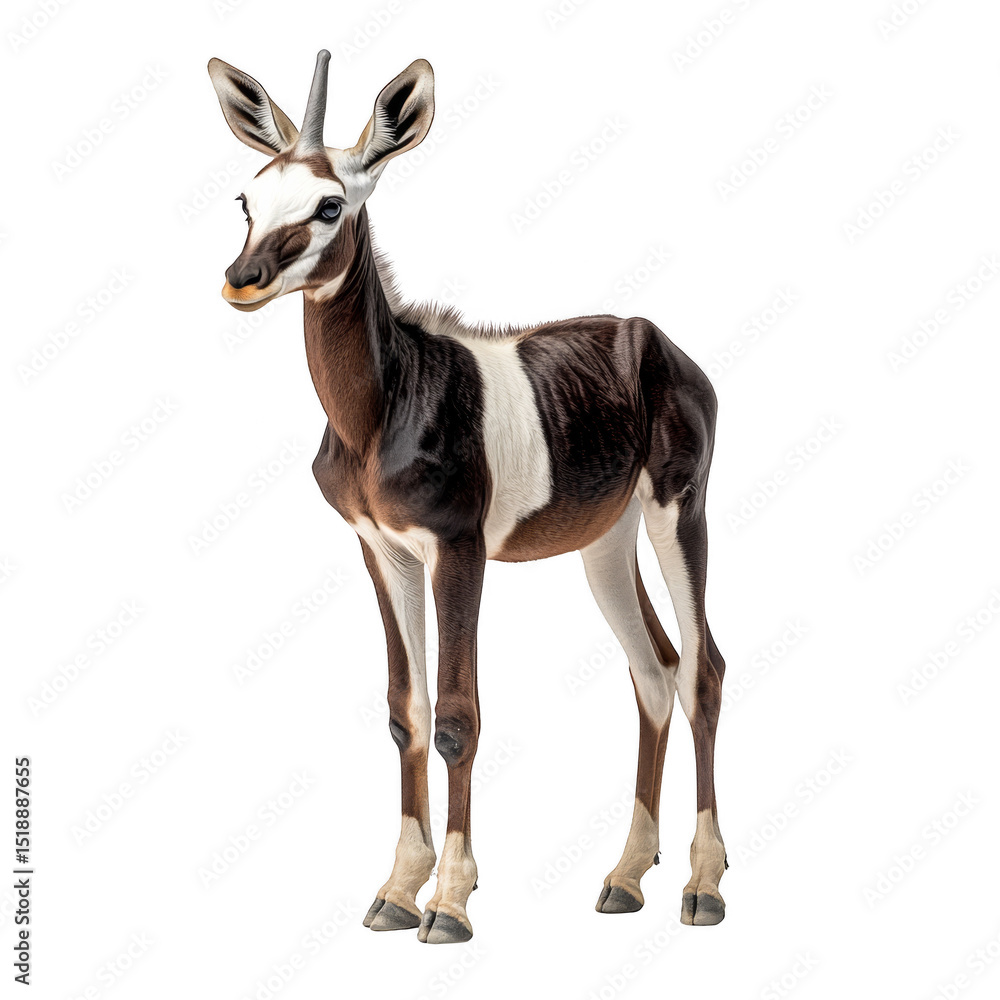 A young antelope with distinct black, white, and brown markings stands upright, facing forward with alert ears. Png, Transparent background. A young antelope with distinct black, white, and brown markings stands upright, facing forward with alert ears. Png, Transparent background.