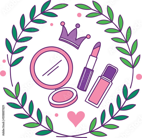 Illustration of makeup items including lipstick mirror and crown surrounded by green leaves