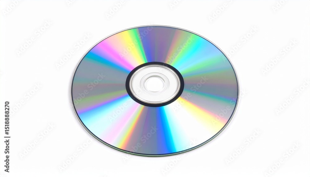 Compact disc with rainbow reflection on white background, optical data storage media Compact disc with rainbow reflection on white background, optical data storage media