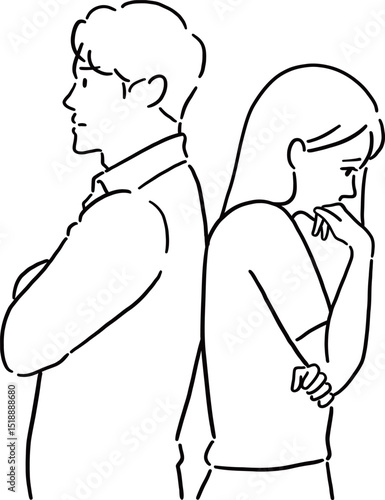 背中あわせで不満そうな顔をする男女