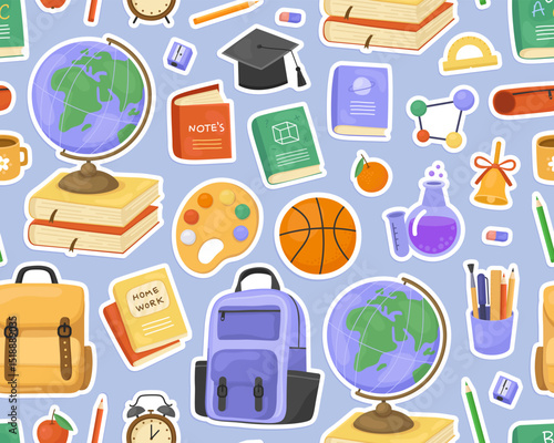 Seamless pattern, school supplies, stickers on blue background. Globe, backpack, book, ball, palette, stationery. Cute childish ornament for fabric, paper, print.
