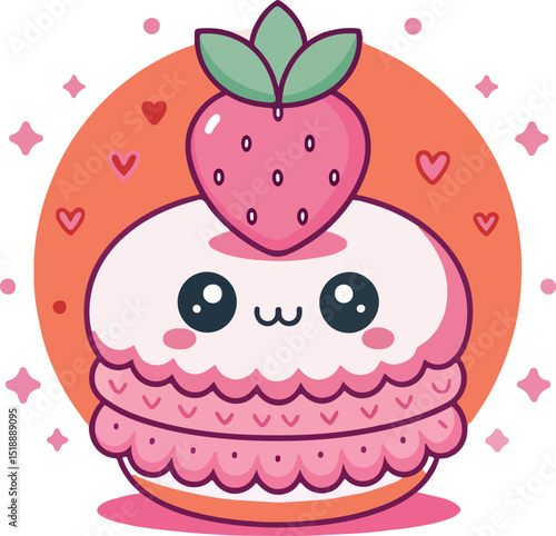 Cute Strawberry Dessert: A charming kawaii-style illustration of a delightful dessert, featuring a smiling pastry topped with a juicy strawberry, embodies sweetness and joy