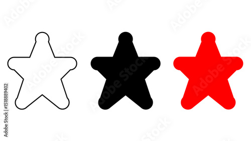 Five-pointed star icon symbol with rounded blunt ends, consisting of: outline, silhouette, and solid red. star symbol protected on white background
