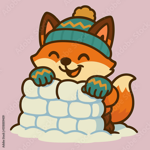 A fox making a snow fort with a sneaky grin.
