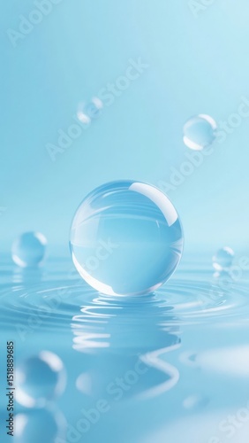 Water droplets creating ripples on a calm surface with a soft blue background