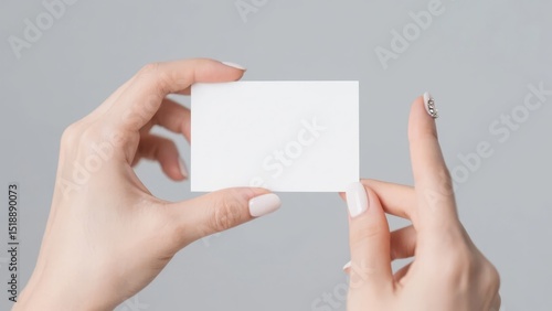 Hands holding a blank white card against a neutral background