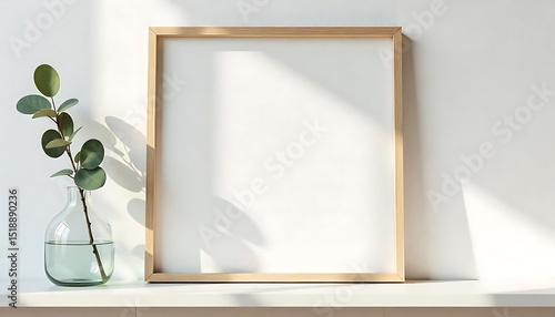 Square wooden frame mockup on white wall with copy space for artwork presentation. Eucalyptus branch in vase decorates interior. Minimalist design suits quote picture painting. Natural sunlight gives