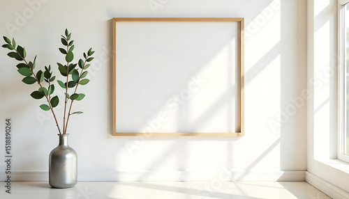 Square wooden frame mockup on white wall with copy space for artwork presentation. Eucalyptus branch in vase decorates interior. Minimalist design suits quote picture painting. Natural sunlight gives