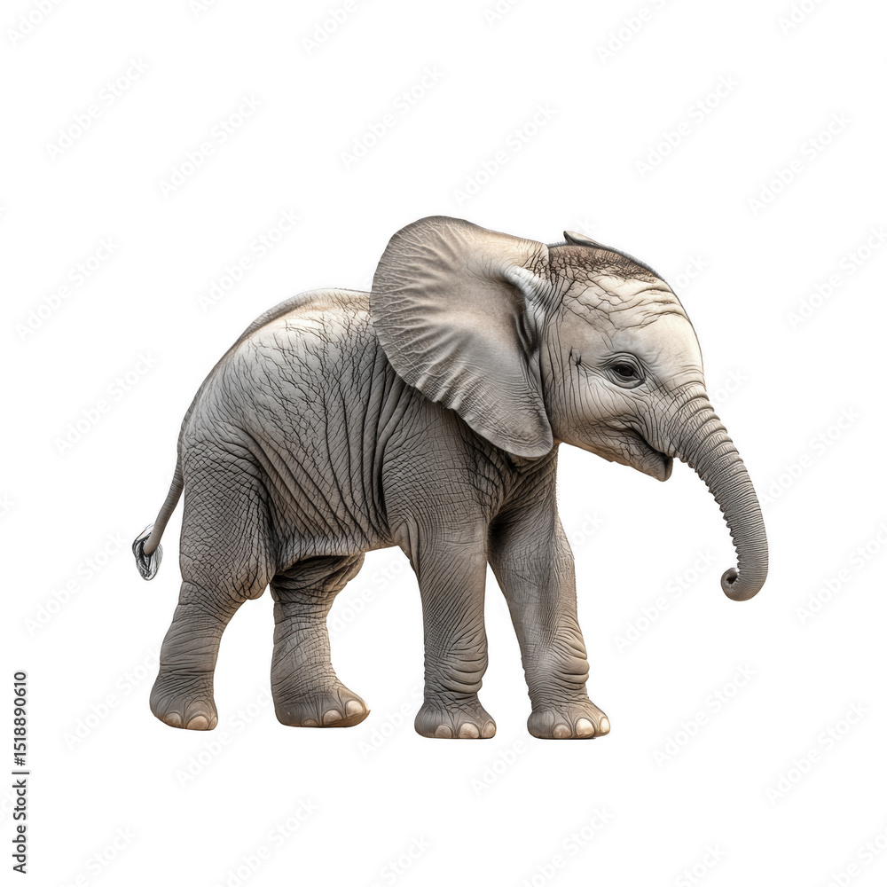 Obraz premium Baby elephant standing with large ears and wrinkled skin, showing gentle and curious expression. Png, Transparent background.