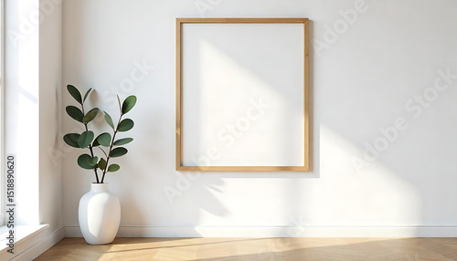 Square wooden frame mockup on white wall with copy space for artwork presentation. Eucalyptus branch in vase decorates interior. Minimalist design suits quote picture painting. Natural sunlight gives