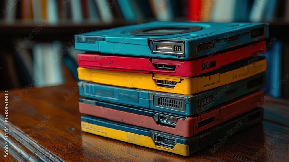 A stack of colorful floppy disks sitting on a vintage desk A stack of colorful floppy disks sitting on a vintage desk