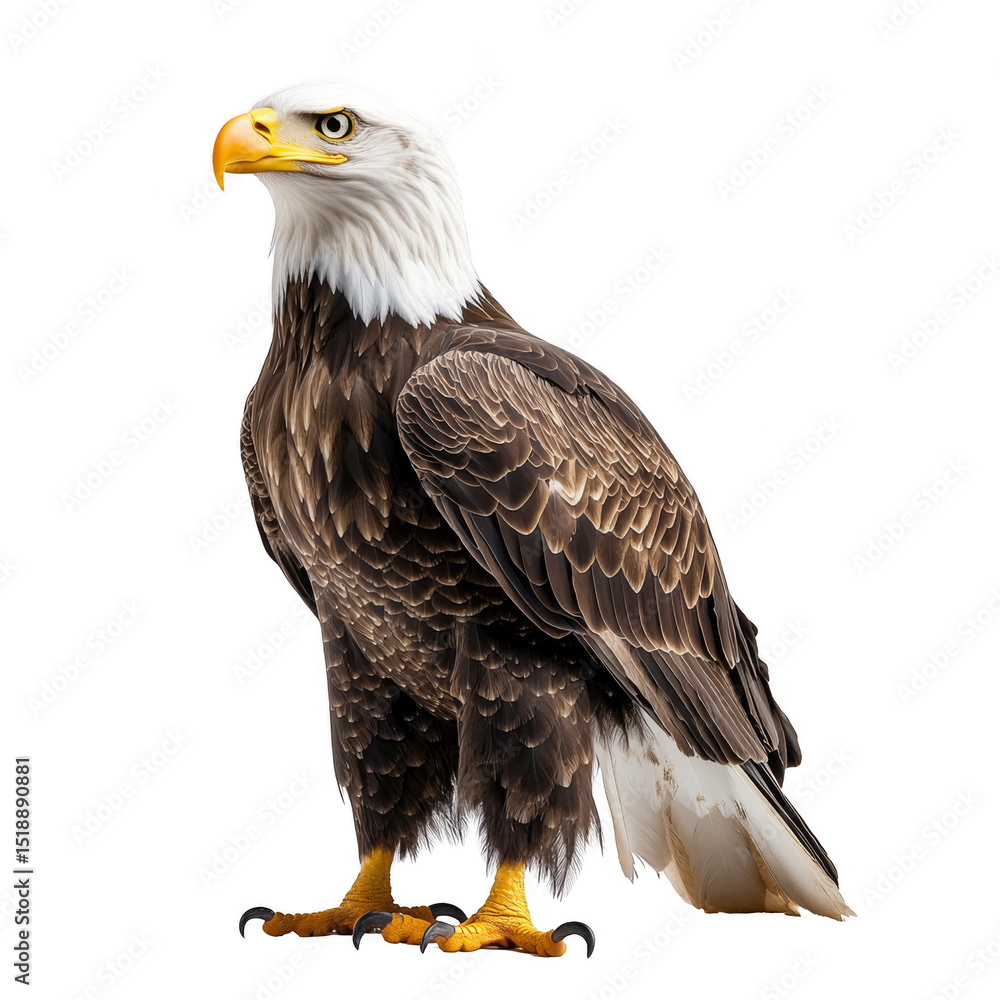 Fototapeta premium A majestic bald eagle stands upright, displaying its sharp yellow beak and striking white head feathers. Png, Transparent background.