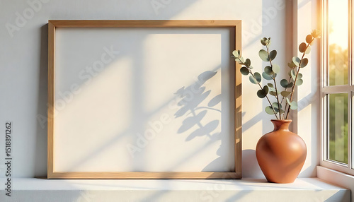 Square wooden frame mockup on white wall with copy space for artwork presentation. Eucalyptus branch in vase decorates interior. Minimalist design suits quote picture painting. Natural sunlight gives