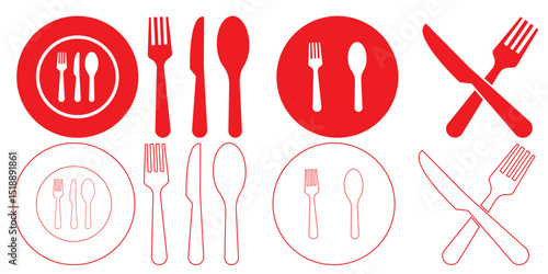 Fork, spoon, knife and plate. Menu symbol. Tableware instruments. Restaurant icon. Food, plate, fork, knife, spoon, cutlery icon set.