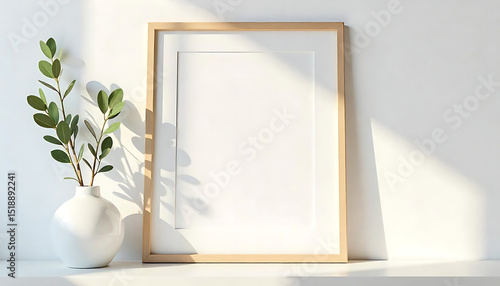Square wooden frame mockup on white wall with copy space for artwork presentation. Eucalyptus branch in vase decorates interior. Minimalist design suits quote picture painting. Natural sunlight gives