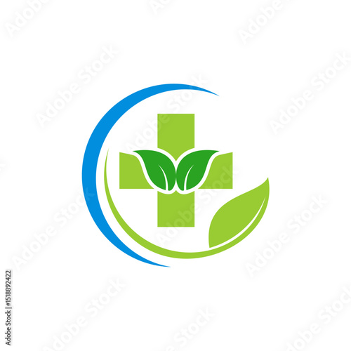 Nature green leaves with medical cross incorporating vector logo