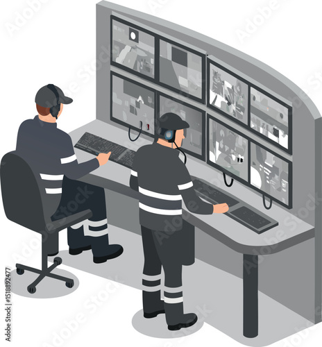 In a city control room, two security officers monitor several CCTV screens to enhance urban safety and deter criminal behavior.