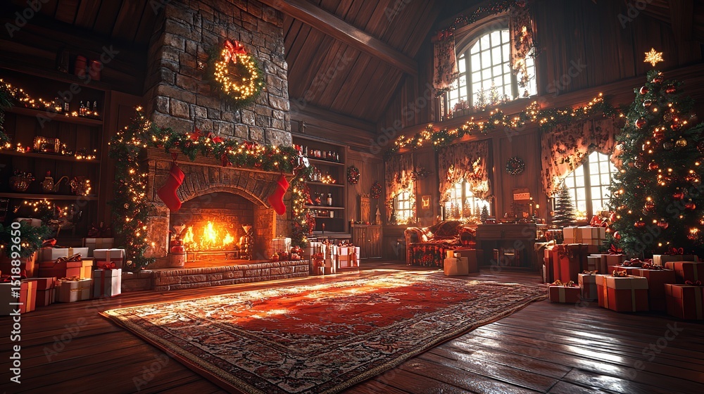 Obraz premium Cozy Christmas living room with fireplace and decorated trees