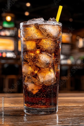 Refreshing cola drink with ice cubes and yellow straw.