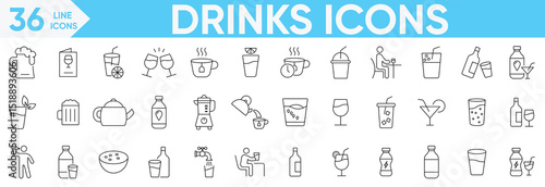 Drinks icon set.coffee, tea, drinking, glass, soda, cocktail, cold soda, Drink alcohol, bar bottles, shot glasses, bottle, wine, beverage and more.Vector and illustrator set.