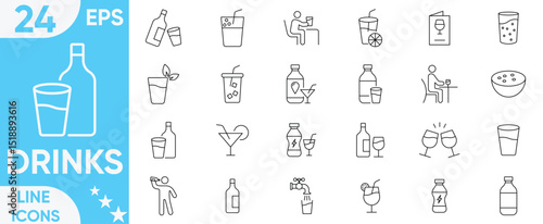 Drinks icon set.coffee, tea, drinking, glass, soda, cocktail, cold soda, Drink alcohol, bar bottles, shot glasses, bottle, wine, beverage and more.Vector and illustrator set.