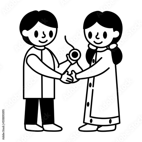 Hand drawn style icon showing a girl tying rakhi to his brother 
