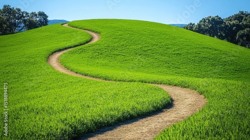 Serene landscape with lush green hill and winding dirt pathway meande across grassy terrain under clear blue sky du daytime
