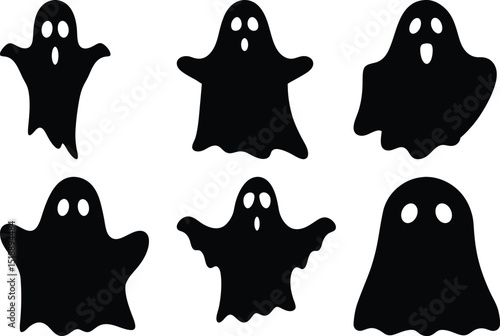 A Spooky Collection of Six Black Halloween Ghosts on a White Background