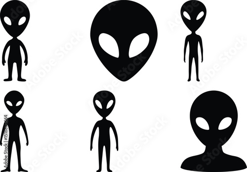 Silhouette Illustration of Black Aliens on White Background, Space Creatures Collection