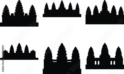 Set of Detailed Silhouette Illustrations of Angkor Wat Temple Complex Cambodia