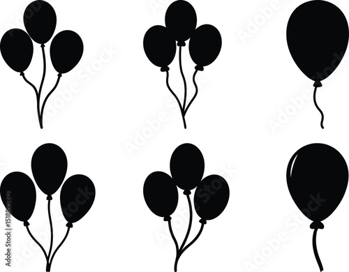 Black silhouette balloons for celebration party, design elements for birthday invitations