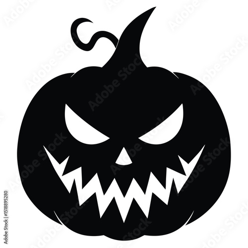 Spooky black halloween jack o lantern silhouette with evil grinning face and stem