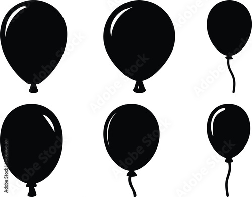 Silhouette icons of six different balloon designs, Set of six black silhouette icons depicting various balloon shapes, each with different orientations and string designs.
