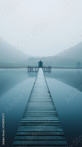 Serene tranquil lake scene with wooden pier leading to small lighthouse surrounded by misty mountains and calm water in soft blue tones for peaceful nature landscape photography