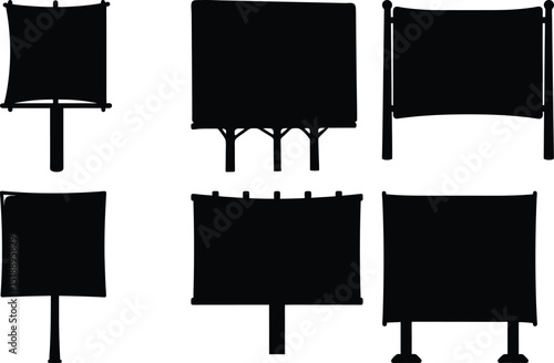 Set of silhouettes of various billboards and signs with different structures