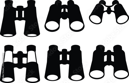 A collection of several different styles of black binoculars on white