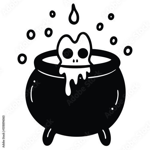 A halloween cauldron illustration with a skull boiling inside and bubbles around the pot.