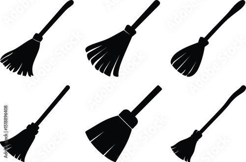 Collection of six different black vector silhouette witch brooms for Halloween
