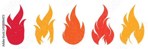 Crayon drawn red fire flames icons collection. Fire flame icon. Crayon vector logo. Hot fire on white background. Flame simple illustration. Graphic heat symbol. Hand drawn doodle flames stickers.