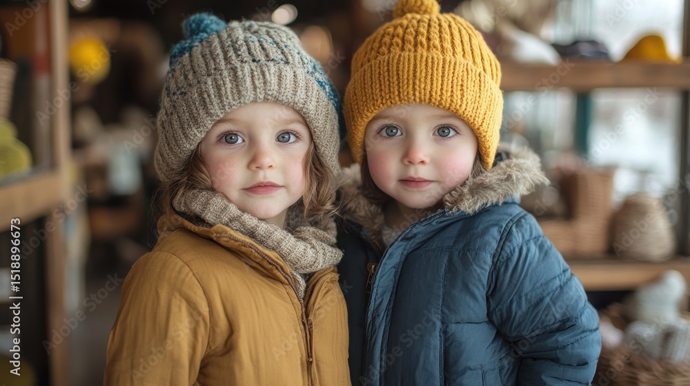 Obraz premium Two children in winter hats and coats