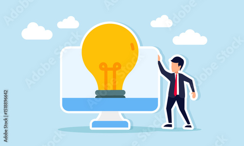 Businessman Standing Next to Monitor with Light Emanating from Screen Representing Business Idea Search Illustration