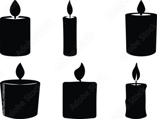 A set of black candle silhouettes against a white background design